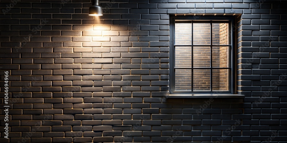 Fototapeta premium Black brick wall with window and illuminated light fixture