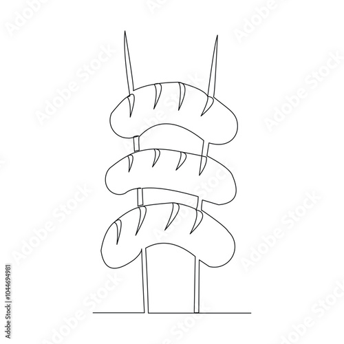 Continuous single line sketch drawing of grilled sausage with fork barbecue bbq spit skewer one line editable vector illustration