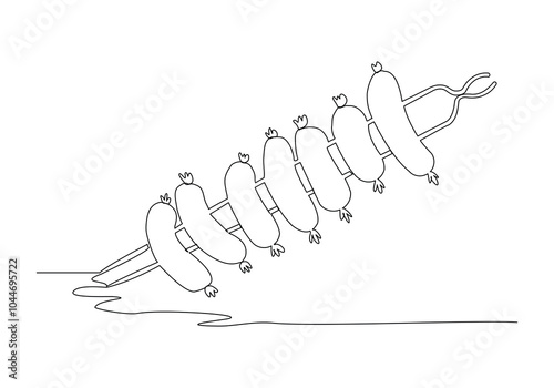Continuous single line sketch drawing of grilled sausage with fork barbecue bbq spit skewer one line editable vector illustration