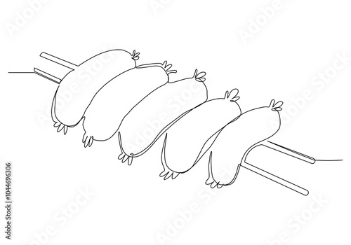 Continuous single line sketch drawing of grilled sausage with fork barbecue bbq spit skewer one line editable vector illustration