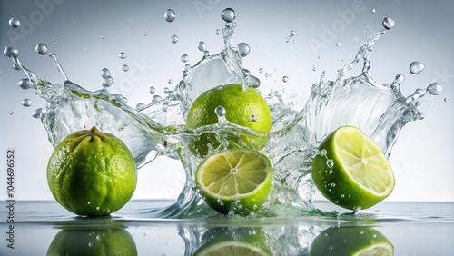 Silhouette of fresh limes falling in water with splash