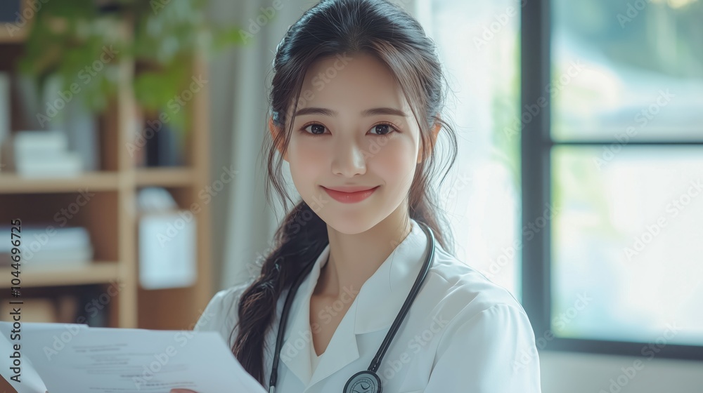 A Chinese female doctor wearing medical white and a stethoscope around her neck with a smile, sits at an office desk facing forward while holding paper documents in front of her A Chinese female doctor wearing medical white and a stethoscope around her neck with a smile, sits at an office desk facing forward while holding paper documents in front of her