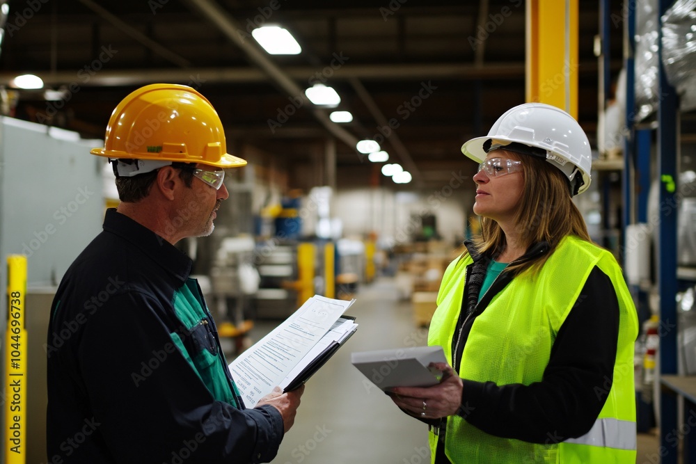 custom made wallpaper toronto digitalTwo workers in safety gear discuss tasks in a warehouse environment, emphasizing safety and communication in an industrial setting.