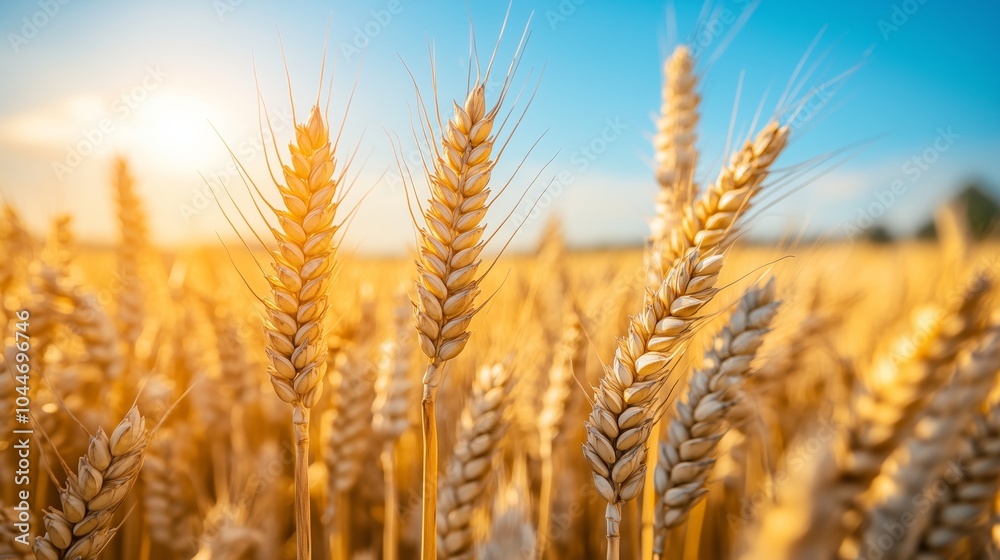 A close up of golden wheat ears in the foreground, with an open field and blue sky in the background A close up of golden wheat ears in the foreground, with an open field and blue sky in the background