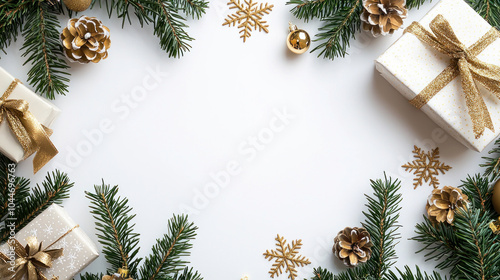 Christmas decorative golden green background illustration, ideal for digital christmas greeting card, minimalistic background with copy space, Elegant Christms frame photo