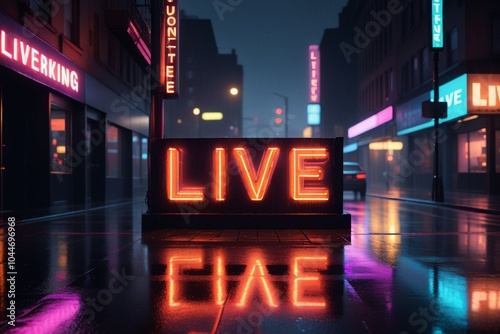 Slogan Live neon light sign text effect on a rainy night street, horizontal composition