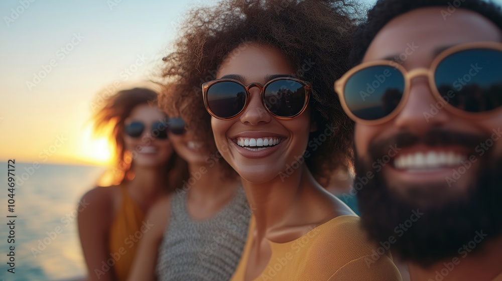 A group of happy friends in their thirties, wearing sunglasses and smiling at the camera