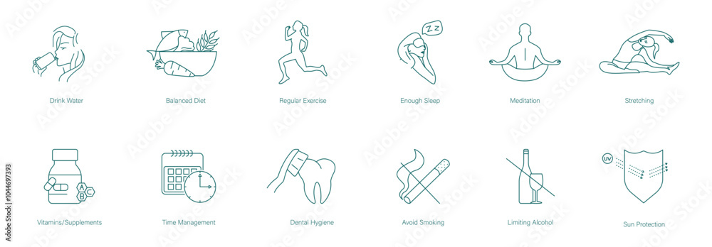 Fototapeta premium Drink Water, Balanced Diet, Regular Exercises, Get Enough Sleep, Meditation, Stretching, Multivitamin, Time Management, Dental Hygiene, Quit Smoking, Quit Drinking, Sun Protection Vector Icon Set