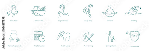 Drink Water, Balanced Diet, Regular Exercises, Get Enough Sleep, Meditation, Stretching, Multivitamin, Time Management, Dental Hygiene, Quit Smoking, Quit Drinking, Sun Protection Vector Icon Set