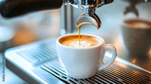 Freshly brewed espresso pouring into a white cup with latte art.