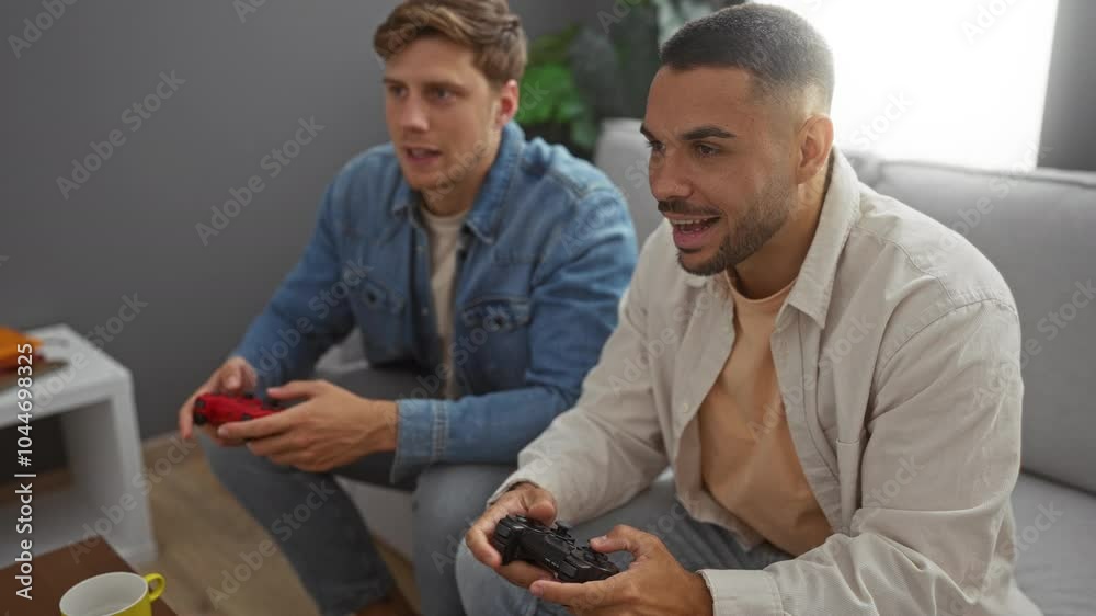 Men playing video games in living room showcasing friendship and relaxation between two young adults indoors Men playing video games in living room showcasing friendship and relaxation between two young adults indoors