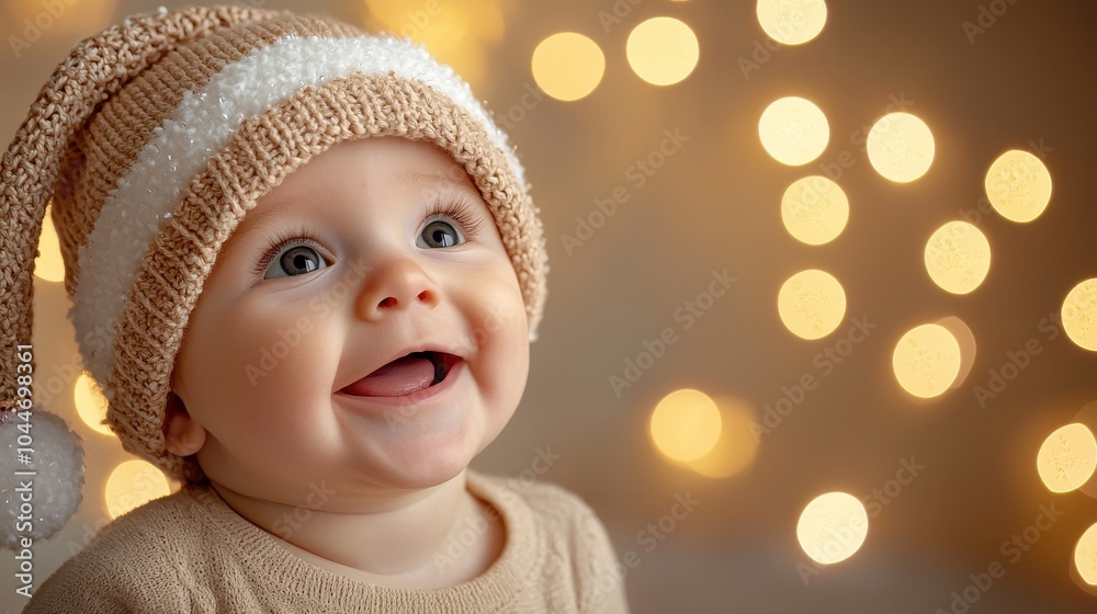Cheerful baby in a cozy hat, surrounded by warm, festive bokeh lights. Cheerful baby in a cozy hat, surrounded by warm, festive bokeh lights.