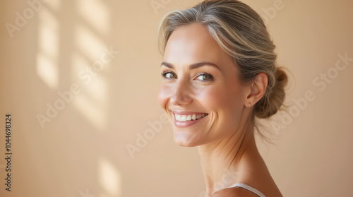 Natural Beauty Portrait of Mature and Middle-Aged Woman in Elegant Studio Lighting for Skincare and Anti-Aging Product Advertisements