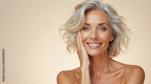 Natural Beauty Portrait of Middle-Aged Woman in Elegant Studio Lighting for Skincare and Anti-Aging Product Advertisements