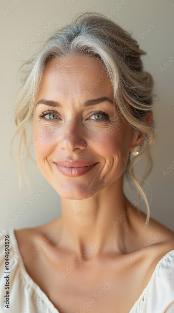 Natural Beauty Portrait of Mature and Middle-Aged Woman in Elegant Studio Lighting for Skincare and Anti-Aging Product Advertisements Natural Beauty Portrait of Mature and Middle-Aged Woman in Elegant Studio Lighting for Skincare and Anti-Aging Product Advertisements
