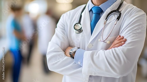 Male doctor in white coat with stethoscope crosses arms confidently.