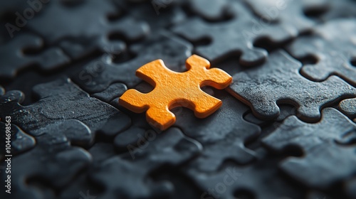 Close-up of an orange puzzle piece fitting into the empty space in gray jigsaw pieces