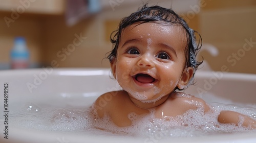 Happy Indian baby enjoying bubbles in a bath tub. Comforting home setting, baby bathing. Gentle baby skin care products.