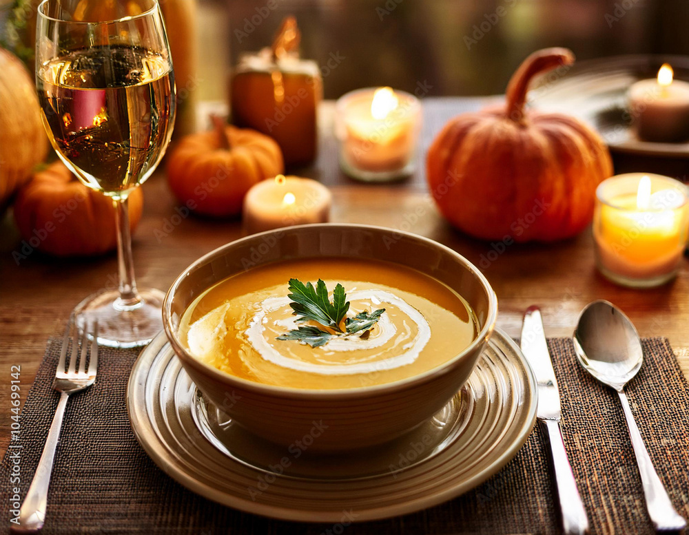 Cozy autumn pumpkin soup with cream and herbs on festive table Cozy autumn pumpkin soup with cream and herbs on festive table