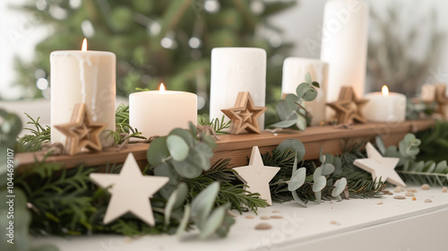 Minimalist Christmas Mantel with Candles and Natural Greenery