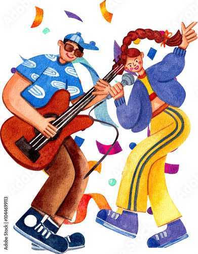 The singer and guitarist are happily performing, cofetti behind,Hand-drawn watercolor painting illustration photo