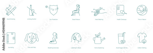 Quit Smoking, Quit Drinking, Sun Protection, Maintain a Good Posture, Hand Washing, Health Checkup, Time in Nature, Journaling, Time With Pets, Breathing Exercise, Listen to Music vector icons