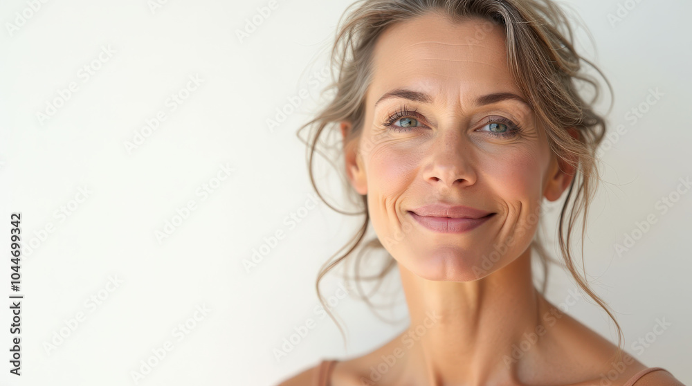 Natural Beauty Portrait of Middle-Aged Woman in Elegant Studio Lighting for Skincare and Anti-Aging Product Advertisements Natural Beauty Portrait of Middle-Aged Woman in Elegant Studio Lighting for Skincare and Anti-Aging Product Advertisements