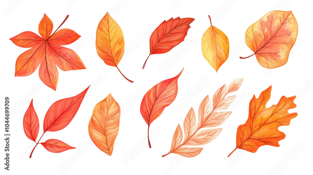 Fototapeta premium Autumnal Elegance - Hand-drawn Vibrant Orange and Red Leaves on White Background for Seasonal Designs