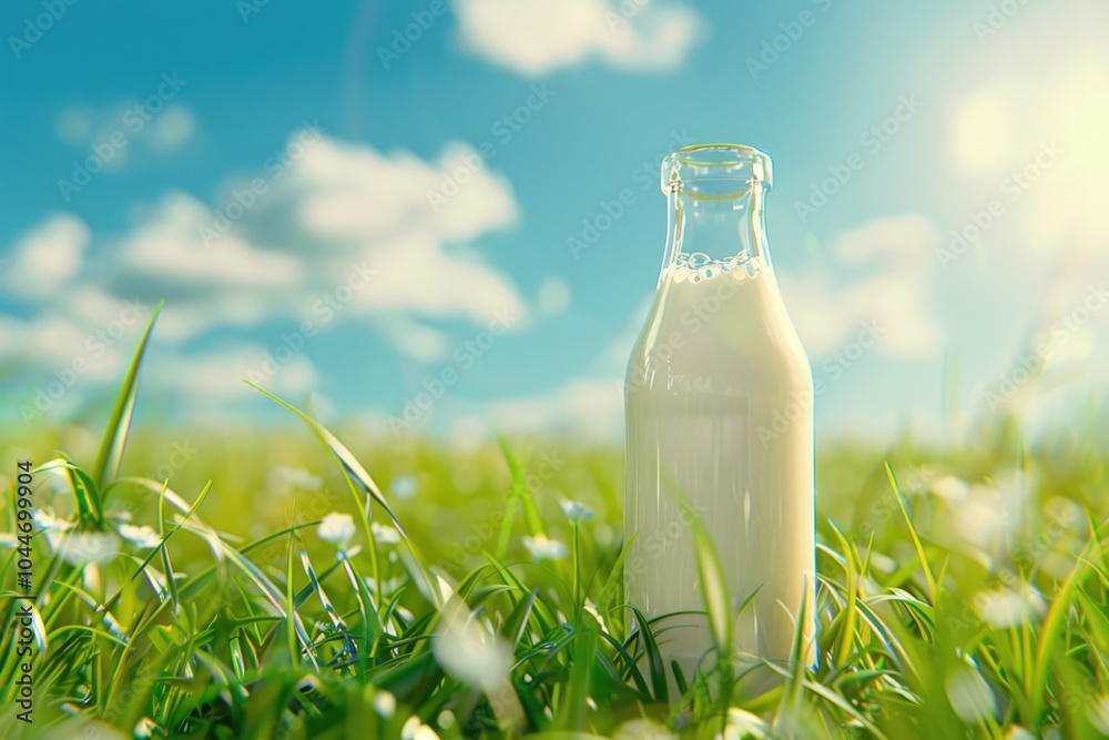Fresh Milk Bottle in a Sunny Meadow - Ideal for Summer Themes, Health, and Nature Prints Fresh Milk Bottle in a Sunny Meadow - Ideal for Summer Themes, Health, and Nature Prints