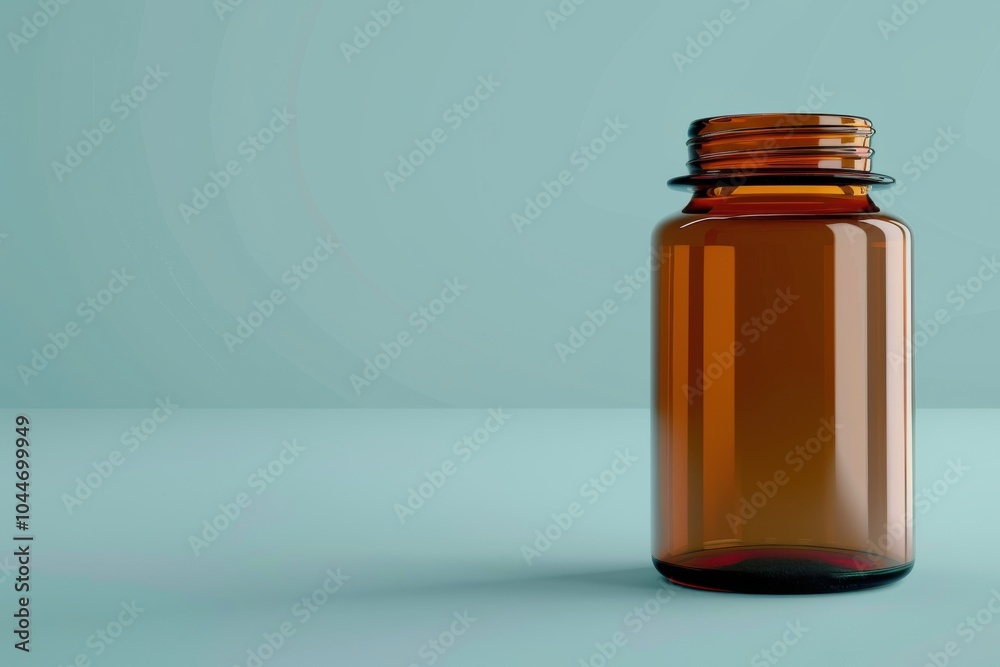 Empty amber glass bottle on a blue surface with soft lighting Empty amber glass bottle on a blue surface with soft lighting