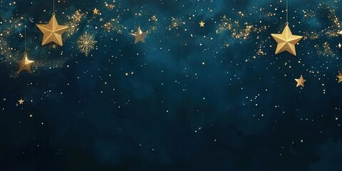Christmas and New Year background with gold stars and shimmering glitter on a dark blue sky-like backdrop. Holiday banner, web designs, seasonal promotional material, festive greeting card, copy space
