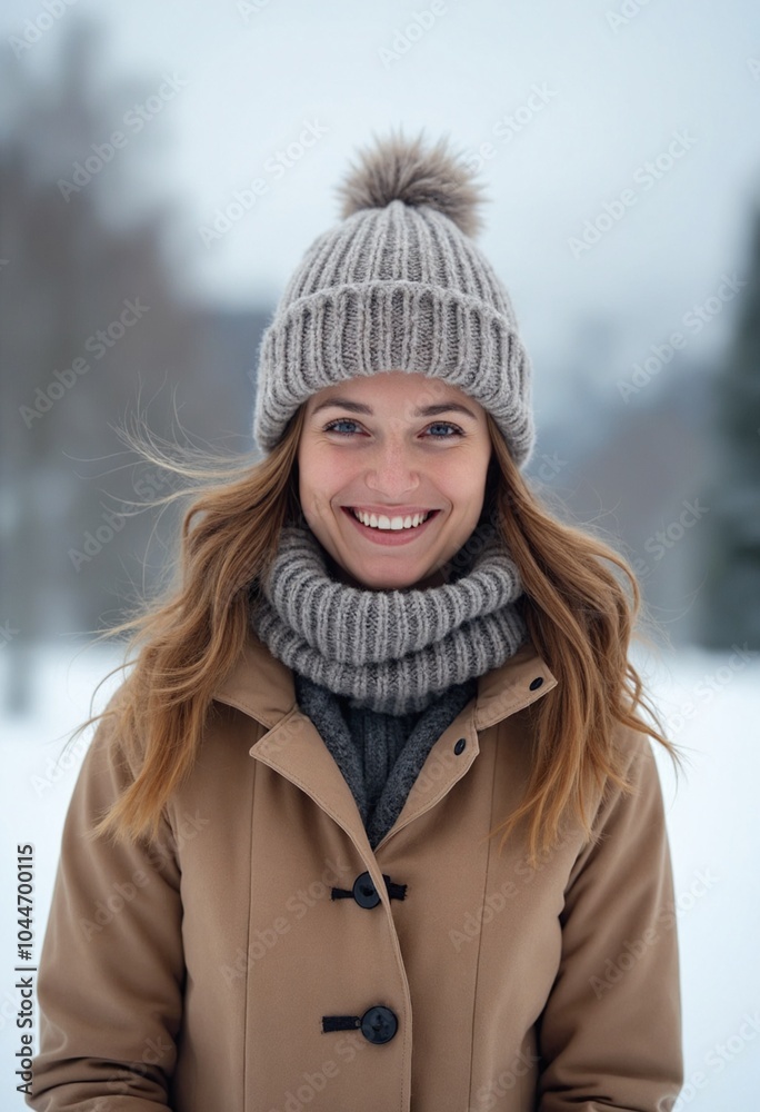 A charming cheerful happy woman on snowy winter landscape background A charming cheerful happy woman on snowy winter landscape background