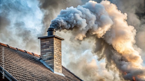 Thick gray smoke billowing from chimney on roof of private house