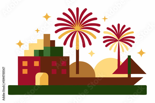 fourth of July fireworks show over the harbor vector illustration