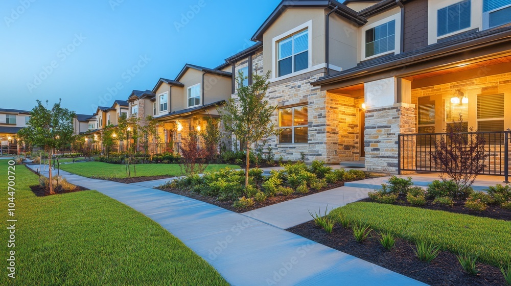 Fototapeta premium Cozy Suburban Community with Bright Lighting at Dusk