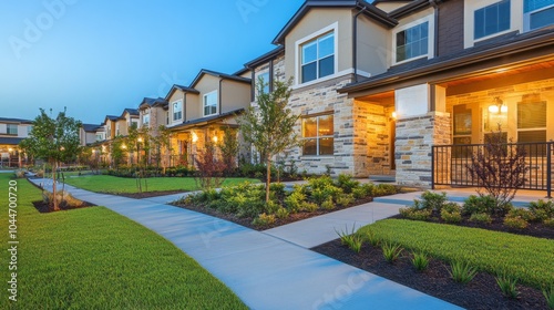 Cozy Suburban Community with Bright Lighting at Dusk