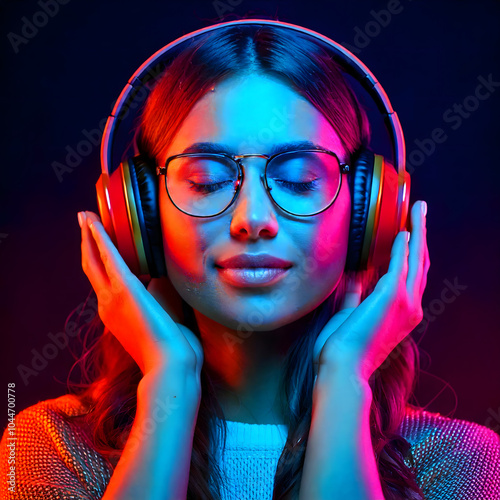 Beautiful woman listening to music with headphone blue and red studio lighting