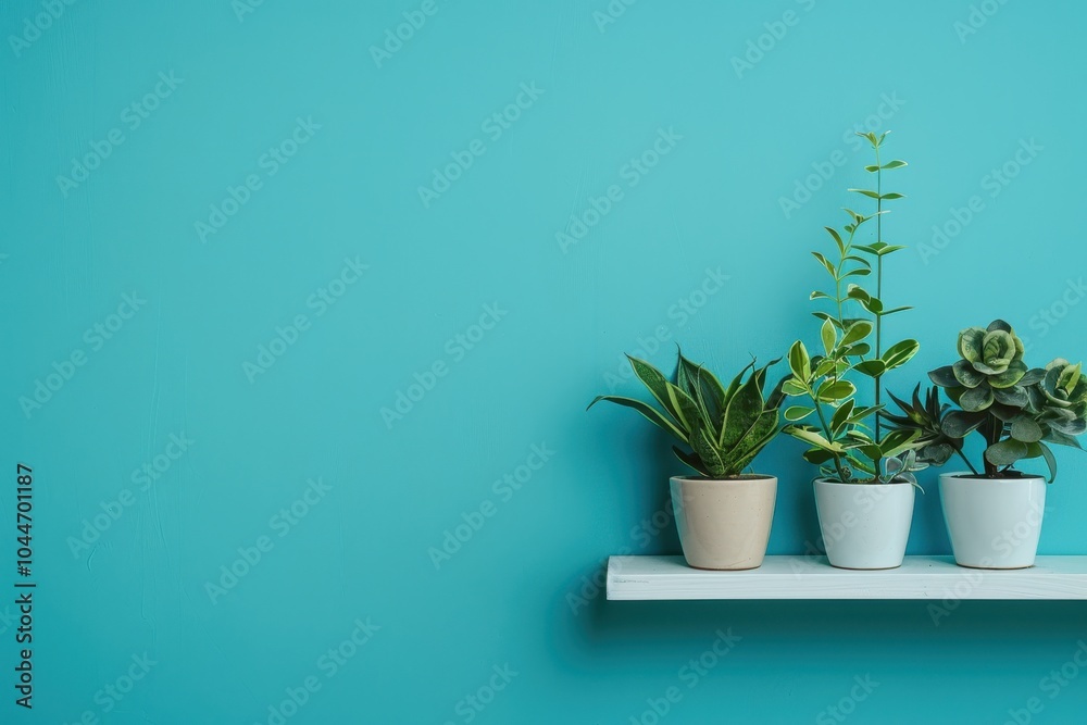 Succulent plants displayed on a white shelf against a turquoise wall Succulent plants displayed on a white shelf against a turquoise wall