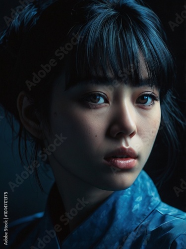 A close-up of a girl in blue clothes with blue lights