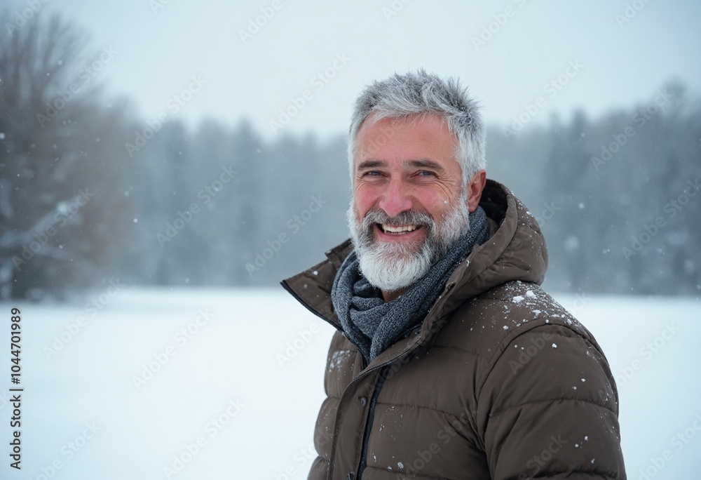Fototapeta premium A charming cheerful happy man on snowy winter landscape background