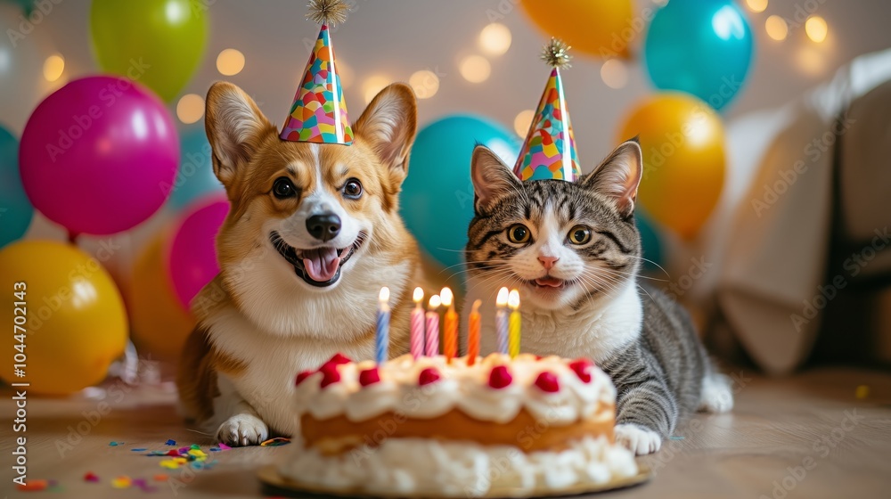 A happy smiling corgi and cat wearing birthday hats sit on the floor next to each other in front of an opened cake with candles A happy smiling corgi and cat wearing birthday hats sit on the floor next to each other in front of an opened cake with candles