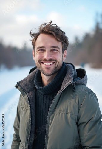 A charming cheerful happy man on snowy winter landscape background