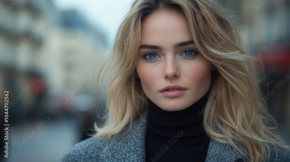 A photo of the most beautiful blonde model with blue eyes, wearing a grey coat and black turtleneck sweater, with a Paris street background A photo of the most beautiful blonde model with blue eyes, wearing a grey coat and black turtleneck sweater, with a Paris street background