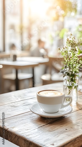 A warm cup of coffee on a rustic wooden table, surrounded by greenery.