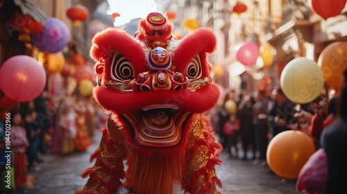 A vibrant street scene during Chinese New Year, with lion dances and lanterns in the background.