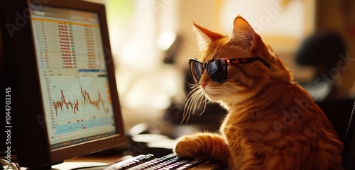 Financially adept cat wearing sunglasses, trading stocks on a computer. photo