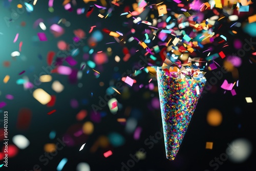 A party popper in 3D rendering, bursting with confetti, designd for festive occasions. photo