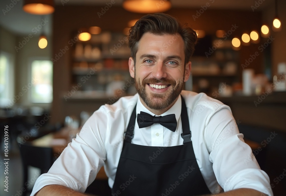 Smiling man wearing a black bow tie and apron, likely a chef or waiter, is seated at a table in a restaurant setting Smiling man wearing a black bow tie and apron, likely a chef or waiter, is seated at a table in a restaurant setting