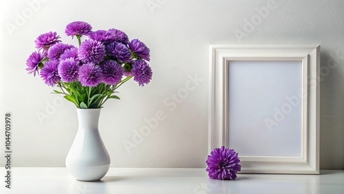 Tilted angle background of purple flowers in a vase with a white frame