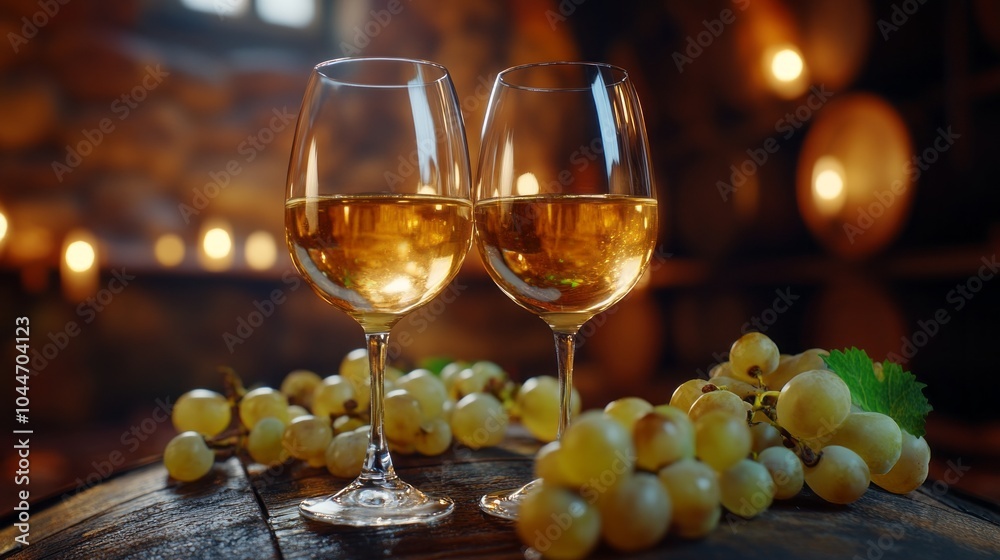Two wine glasses filled with wine are on a table with a bunch of grapes Two wine glasses filled with wine are on a table with a bunch of grapes